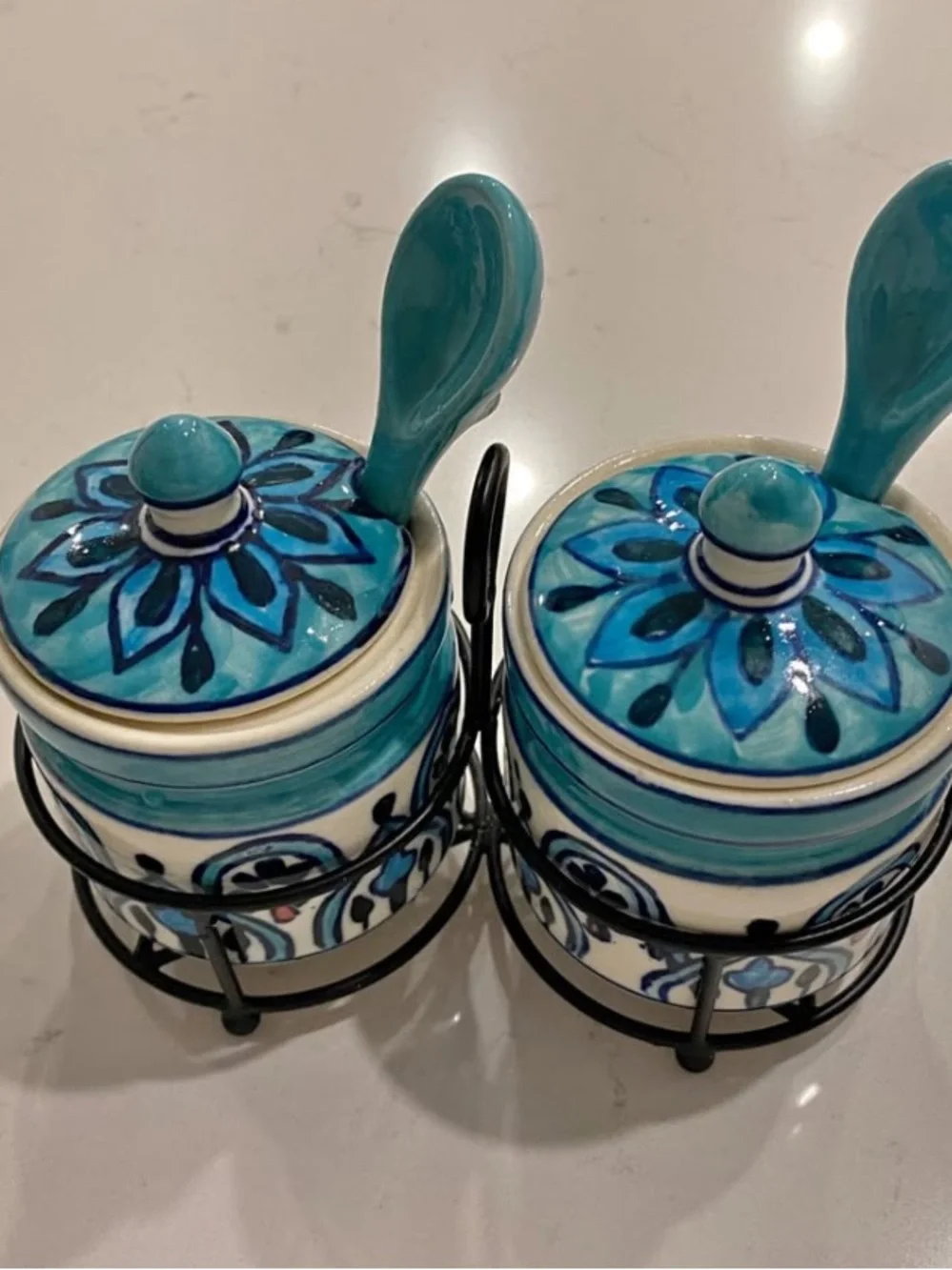 Hand-Painted Blue Ceramic Sugar & Spice Jars with Spoons - Set of 2